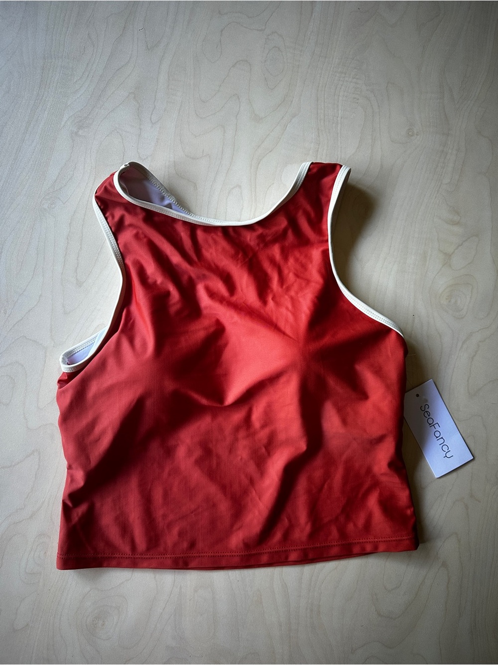 Rust Red Tankini Bikini Swim Top with White Trim